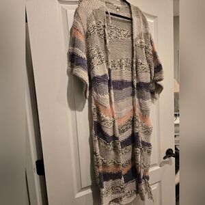 Free People Striped Knit Cardigan in Cream and Purple